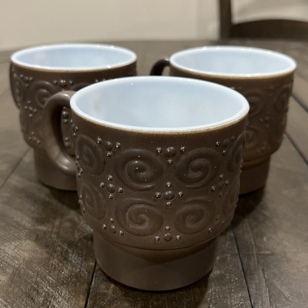 Vintage‎ Hazel Atlas Hazelware Smoke Milk Glass Scroll & Dots Embossed Mugs (3)